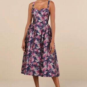 Lulu's Navy and Pink Floral Midi Dress